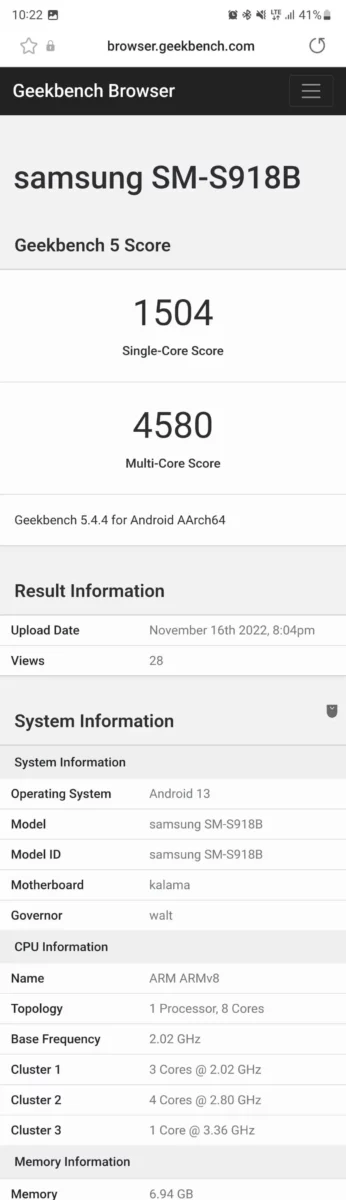 Samsung Galaxy S23 SM-S918B GeekBench Snapdragon 8 Gen 2