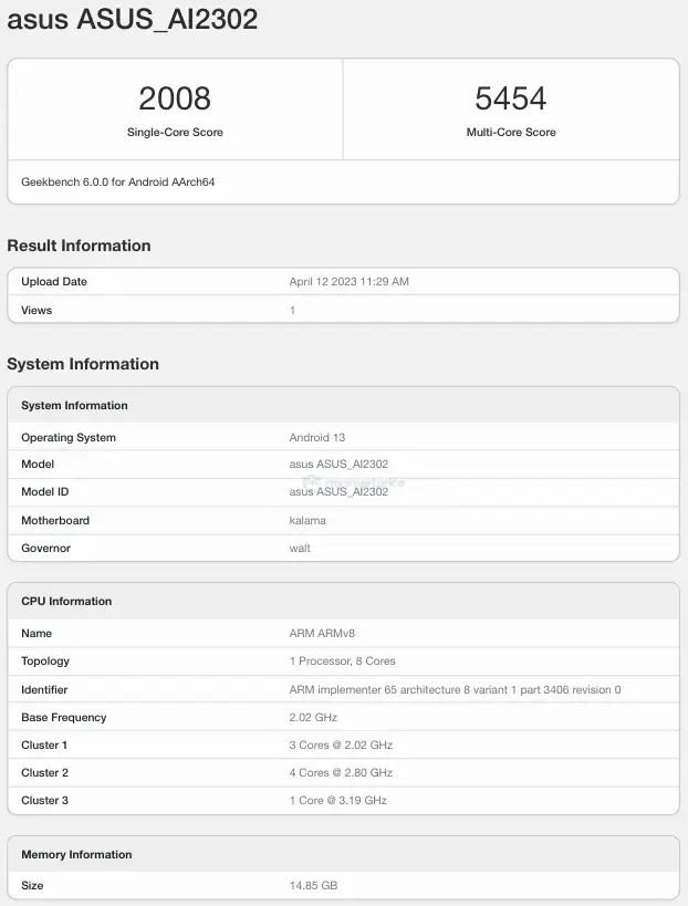 Asus ZenFone 10 AI2302 GeekBench