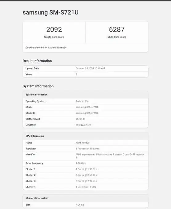 Samsung Galaxy S24 FE One UI 7.0 Geekbench Samsung Galaxy S24 FE One UI 7.0 Geekbench