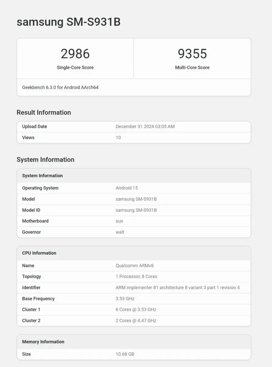 Samsung Galaxy S25 Benchmark Samsung Galaxy S25 Benchmark