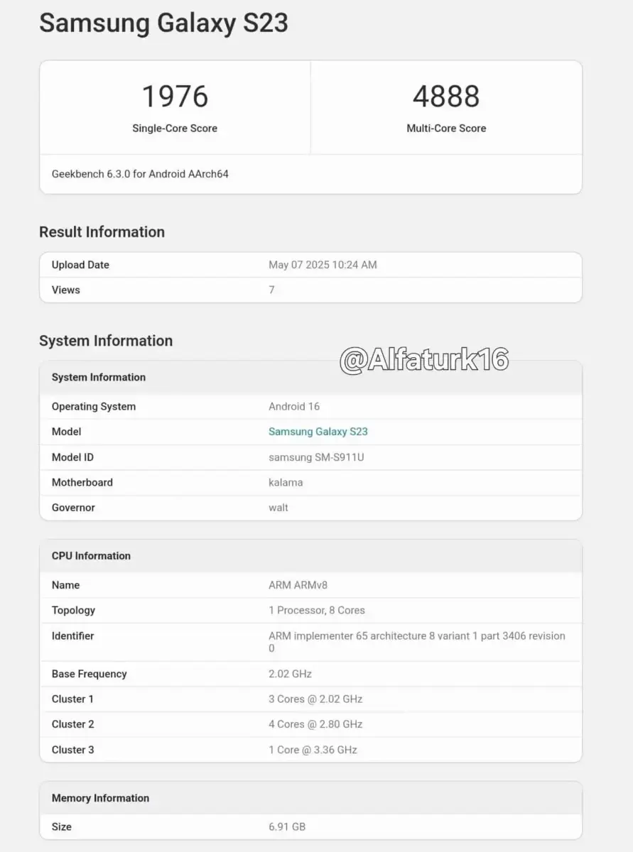 Samsung Galaxy S23 One UI 8 Android 16 Geekbench