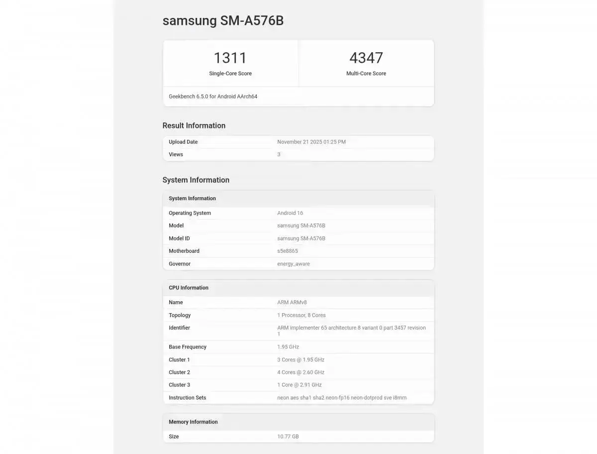 Samsung Galaxy A57 Benchmark