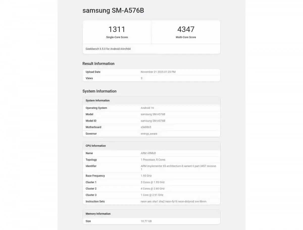 Samsung Galaxy A57 Geekbench Benchmark