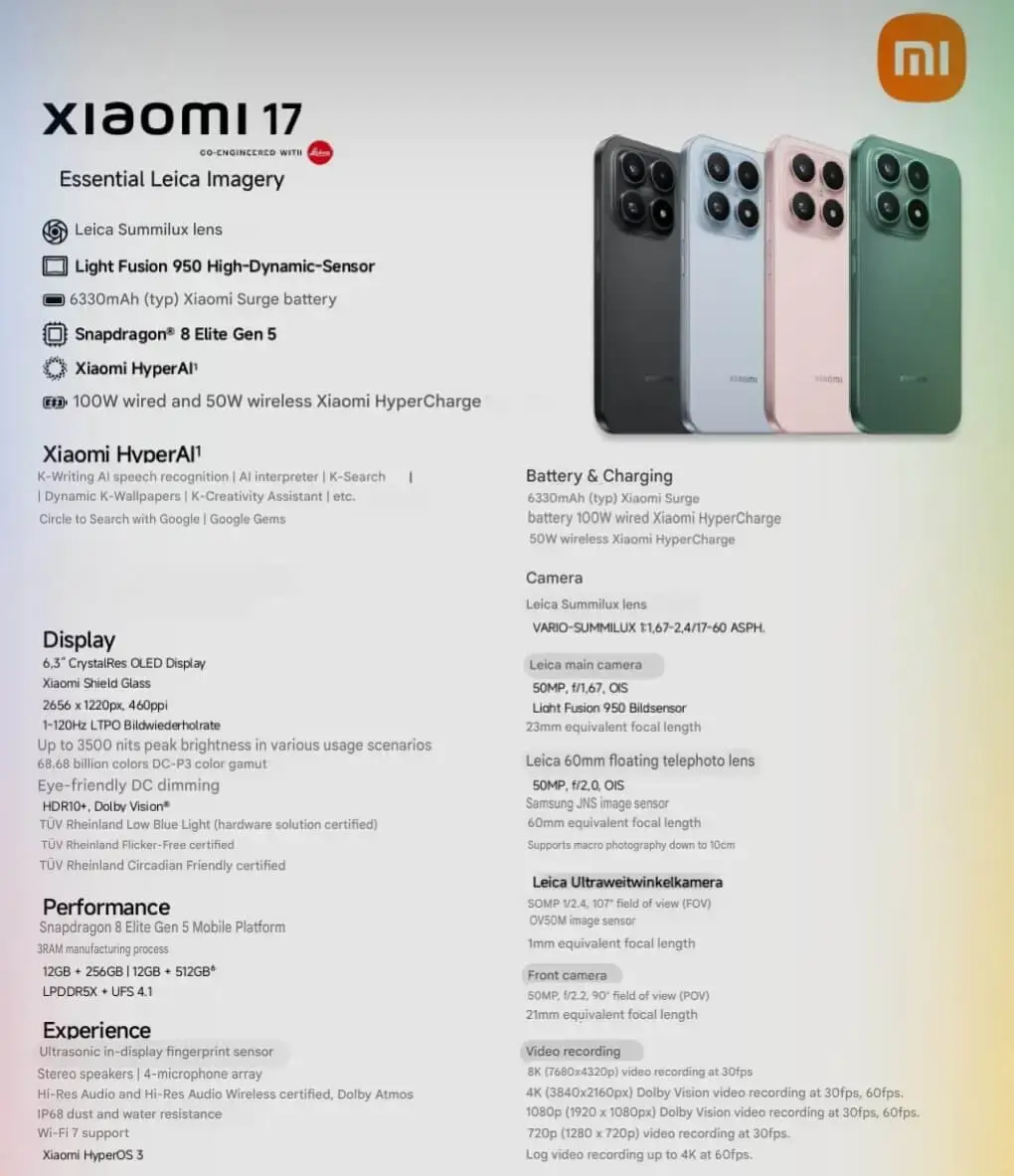 Xiaomi 17 global Spezifikationen