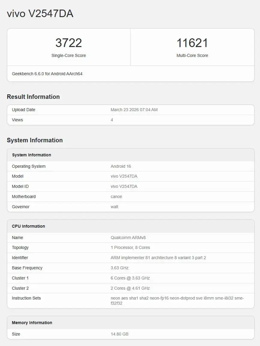 Vivo X300 Ultra Geekbench Vivo X300 Ultra Geekbench