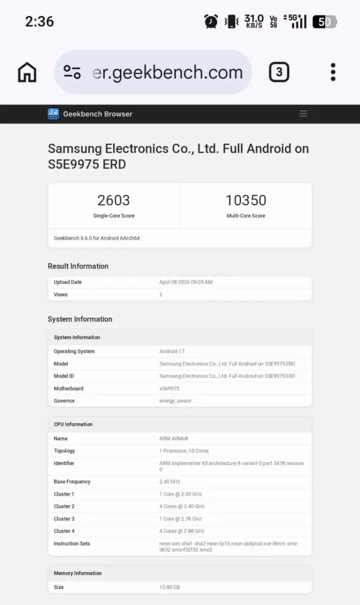 Samsung Exynos 2700 Prototype Geekbench Samsung Exynos 2700 Prototype Geekbench