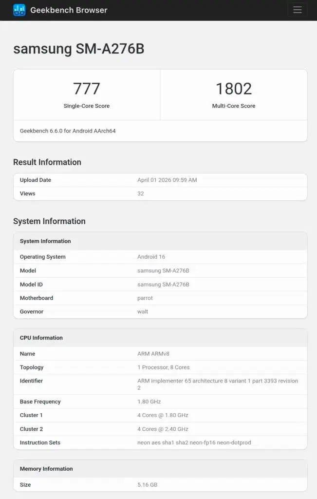 Samsung Galaxy A27 Geekbench Samsung Galaxy A27 Geekbench