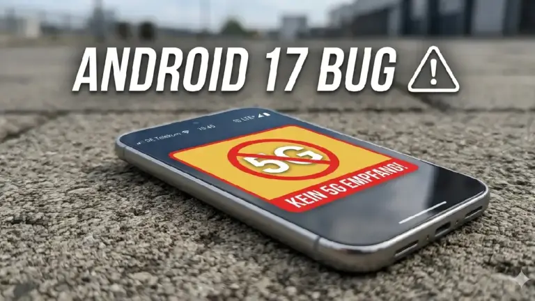 Ein auf dem Boden liegendes Google Pixel-Smartphone mit einer Warnmeldung auf dem Display, die anzeigt, dass kein 5G-Empfang verfügbar ist. Im Hintergrund ist ein Text-Overlay zu sehen: "ANDROID 17 BUG".
