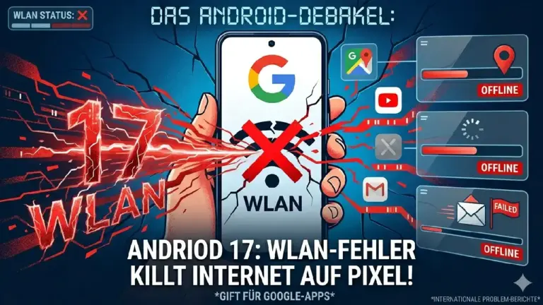 Smartphone mit dem Google-Logo auf dem Display, das ein WLAN-Symbol mit einem 'X' daneben zeigt. Die Illustration visualisiert den Bug in Android 17, der WLAN-Probleme auf Google Pixel-Modellen verursacht, wodurch Apps offline bleiben