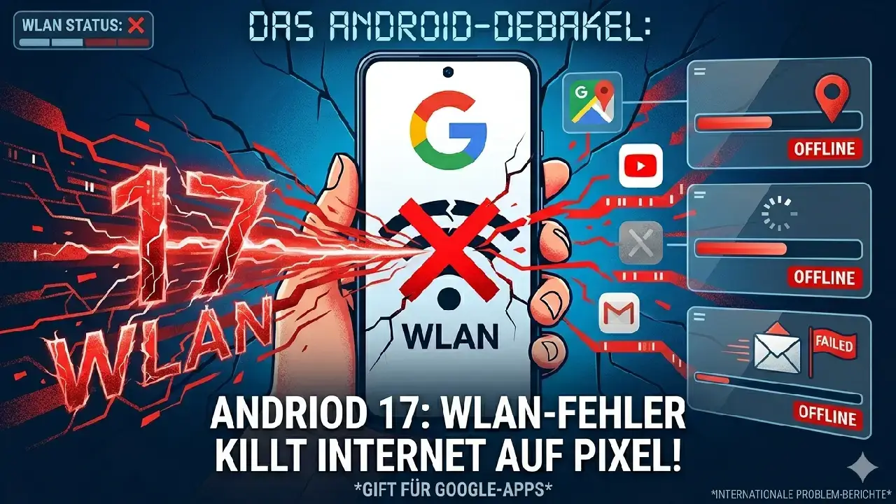 Smartphone mit dem Google-Logo auf dem Display, das ein WLAN-Symbol mit einem 'X' daneben zeigt. Die Illustration visualisiert den Bug in Android 17, der WLAN-Probleme auf Google Pixel-Modellen verursacht, wodurch Apps offline bleiben