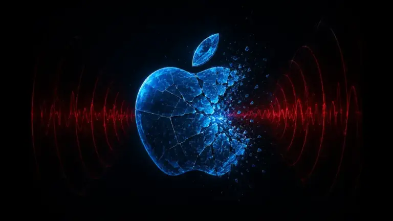 Ein rissiges Apple-Logo, dargestellt als leuchtend blaue digitale Fragmente vor einem dunklen, fast schwarzen Hintergrund; rote Netzwerksignalwellen strahlen nach außen ab