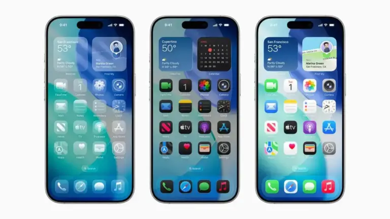 verschiedene Darstellungsoptionen von iOS 27 auf 3 iPhone-Displays