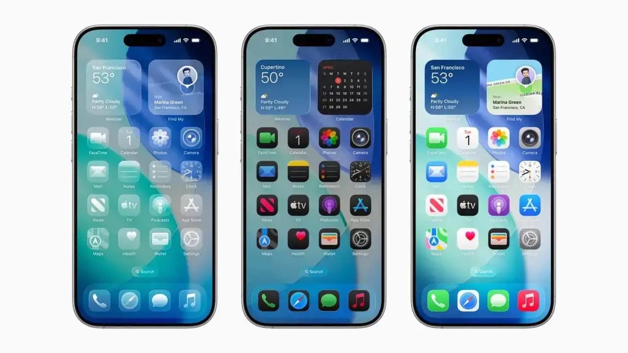 verschiedene Darstellungsoptionen von iOS 27 auf 3 iPhone-Displays