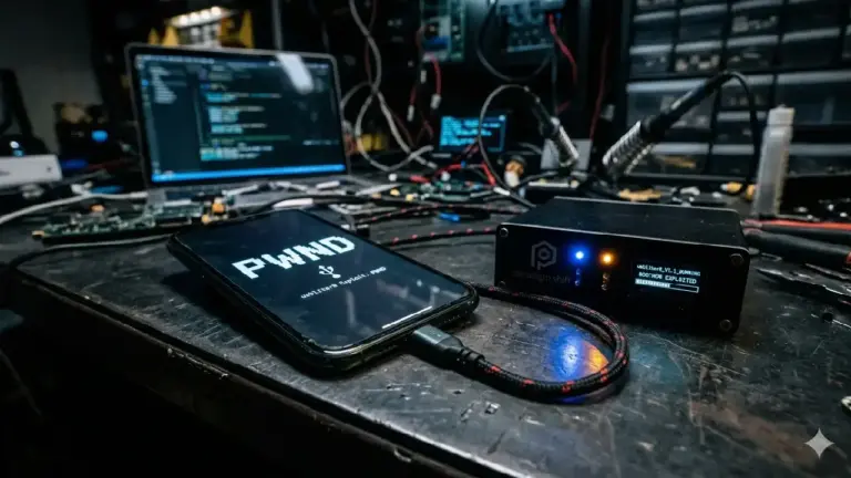 iPhone mit PWND-Screen bei einem USB-Tethering-Exploit auf einer dunklen Hacking-Workbench, verbunden mit Paradigm Shift Hardware-Box
