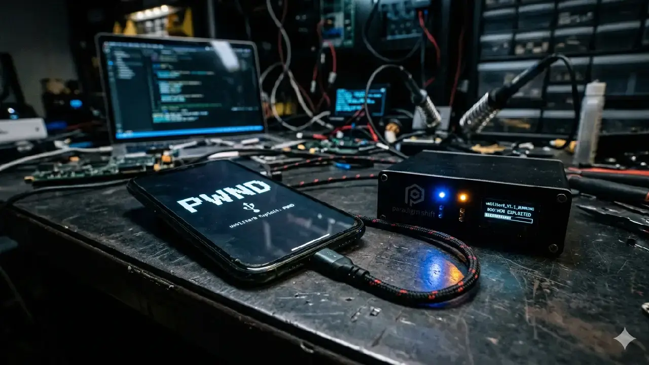 iPhone mit PWND-Screen bei einem USB-Tethering-Exploit auf einer dunklen Hacking-Workbench, verbunden mit Paradigm Shift Hardware-Box