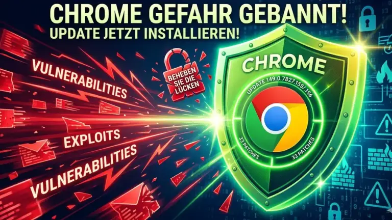 Sicherheitsgrafik zum Google Chrome Update: Ein grüner Schutzschild mit Chrome-Logo wehrt rote, blitzartige Angriffe ab, die als „Vulnerabilities“ und „Exploits“ gekennzeichnet sind