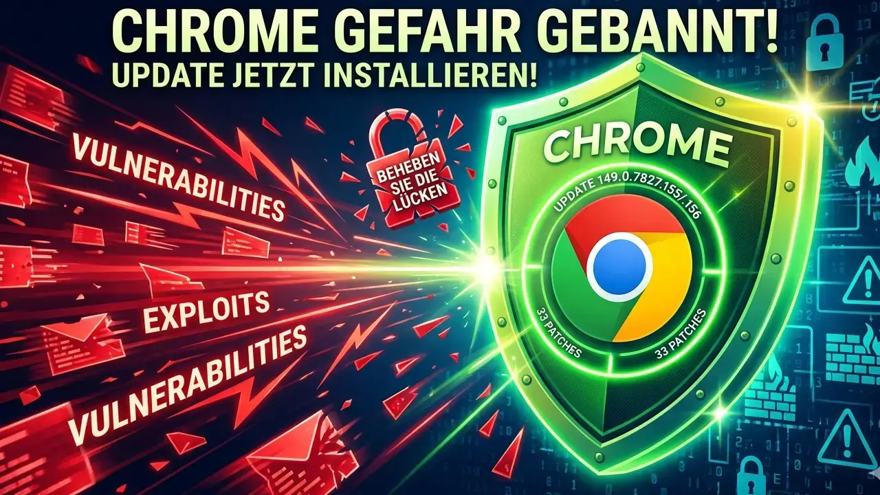Sicherheitsgrafik zum Google Chrome Update: Ein grüner Schutzschild mit Chrome-Logo wehrt rote, blitzartige Angriffe ab, die als „Vulnerabilities“ und „Exploits“ gekennzeichnet sind