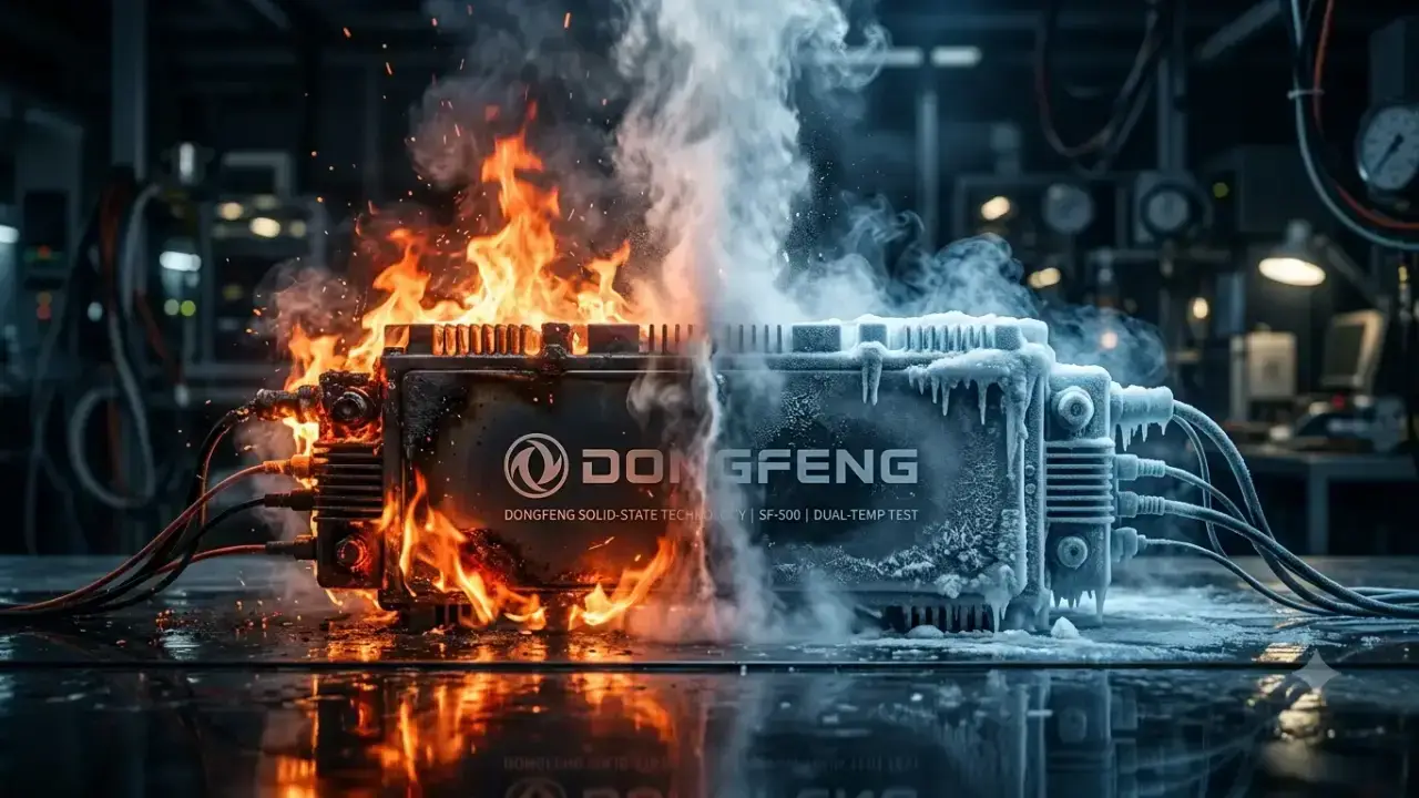 Nahaufnahme eines Dongfeng Festkörperbatterie-Moduls auf einem Teststand, das extremen Bedingungen standhält: Die linke Seite ist in Flammen gehüllt (Hitze-Test), während die rechte Seite stark vereist ist (Kälte-Test). In der Mitte entsteht Dampf.