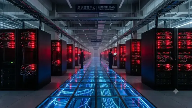 Futuristischer High-Tech-Serverraum für Supercomputer in Shenzhen. Reihen eleganter, schwarzer und rot leuchtender Server-Racks erstrecken sich in die Ferne. Blaue Glasfaser-Datenströme sind durch transparente Böden sichtbar