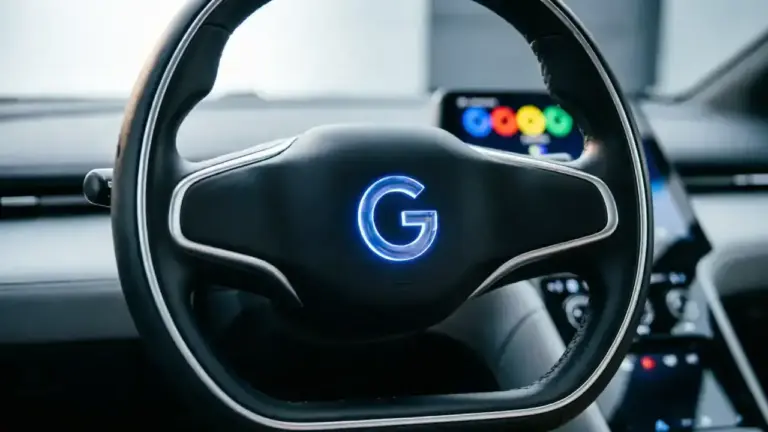 modernes, minimalistisches Lenkrad mit schwarzem Leder und silbernen Chrom-Akzenten, in der Mitte befindet sich ein leuchtendes "G"-Logo (Google) in blauem Neonlicht
