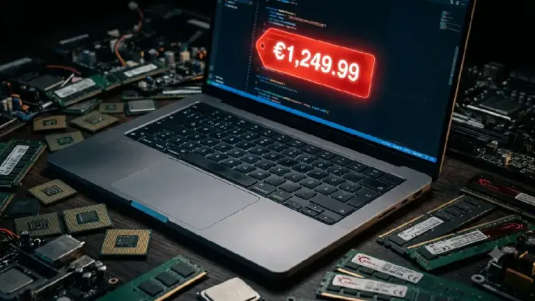 Nahaufnahme eines hochwertigen Aluminium-Laptops mit einem rot leuchtenden Preisschild, das über den Bildschirm gelegt ist; im Hintergrund verstreute Mikrochips und RAM-Module