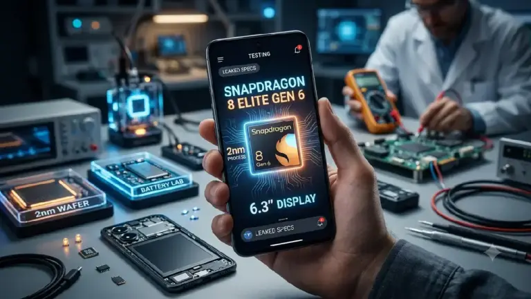 Nahaufnahme eines kompakten, leuchtenden OnePlus 16T Prototypen, der das Snapdragon Elite Gen 6 Chip-Symbol und "2nm" Text auf dem Display zeigt, umgeben von technischem Leuchten und Datenleitungen