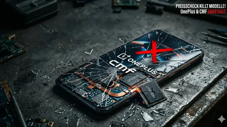 Ein zerstörtes Handy auf einer düsteren Werkbank. Das gesplitterte Display gibt den Blick auf interne Komponenten frei, darunter ein rissiger RAM-Chip. Der Text overlay lautet prägnant: "PREISSCHOCK KILLT MODELLE! OnePlus & CMF ABGESAGT"