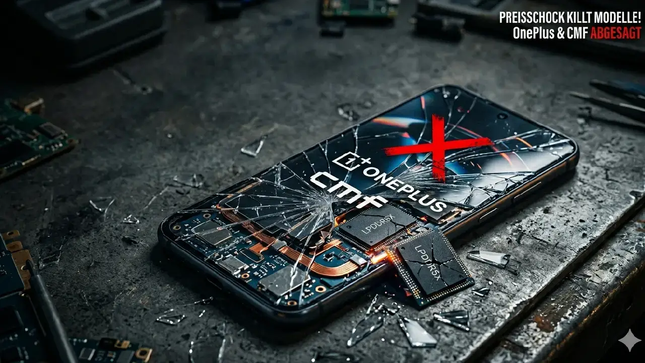 Ein zerstörtes Handy auf einer düsteren Werkbank. Das gesplitterte Display gibt den Blick auf interne Komponenten frei, darunter ein rissiger RAM-Chip. Der Text overlay lautet prägnant: "PREISSCHOCK KILLT MODELLE! OnePlus & CMF ABGESAGT"