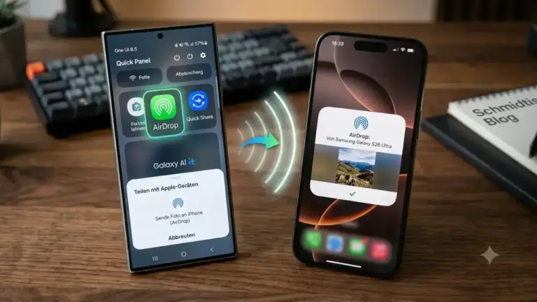 Samsung Galaxy S26 Ultra mit One UI 8.5 überträgt ein Foto per integrierter AirDrop-Funktion direkt an ein Apple iPhone