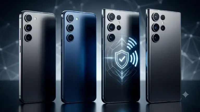 Darstellung von vier Samsung Galaxy S27-Smartphones mit hochwertiges Metallic-Finish, die nebeneinander stehen, wobei das neue Galaxy S27 Pro in der Mitte durch eine dezente blaue Beleuchtung optisch hervorgehoben wird