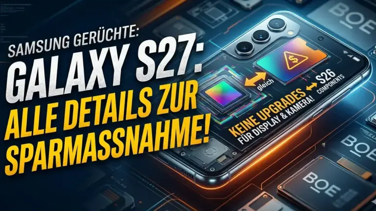 Ein futuristisches Smartphone liegt auf einer Platine mit BOE-Chips. Die Rückseite des Telefons ist transparent und zeigt leuchtende Kamerasensoren und einen internen Bildschirm. Darauf sind Warnsymbole, Dollarzeichen und Pfeile zu sehen, die auf die Texte „gleich S26“ und „Keine Upgrades für Display & Kamera!“ verweisen. Große gelbe Text-Schlagzeile links: „GALAXY S27: ALLE DETAILS ZUR SPAR-MASSNAHME!“.