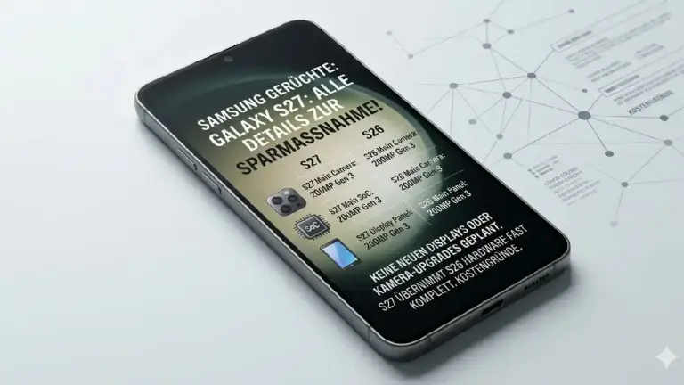 Ein Smartphone auf einem Tisch zeigt eine Infografik zu Gerüchten über das Samsung Galaxy S27 und geplante Sparmaßnahmen bei der Hardware