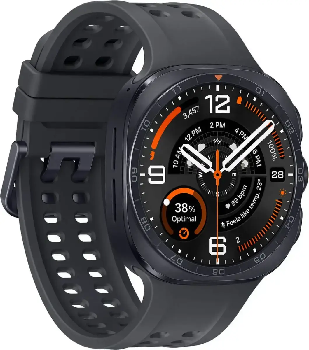 Blick auf die schwarze Variante der Samsung Galaxy Watch Ultra 2 mit schwarzem Watchface Blick auf die schwarze Variante der Samsung Galaxy Watch Ultra 2 mit schwarzem Watchface