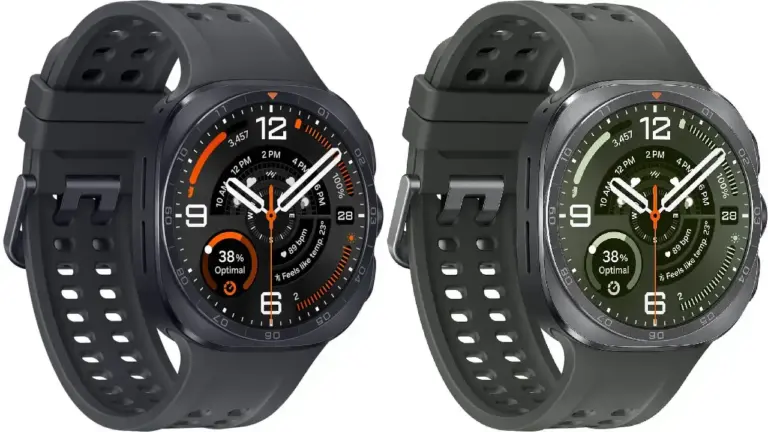 Blick auf die schwarze und graue Variante der Samsung Galaxy Watch Ultra 2 mit schwarzem und grünem Watchface