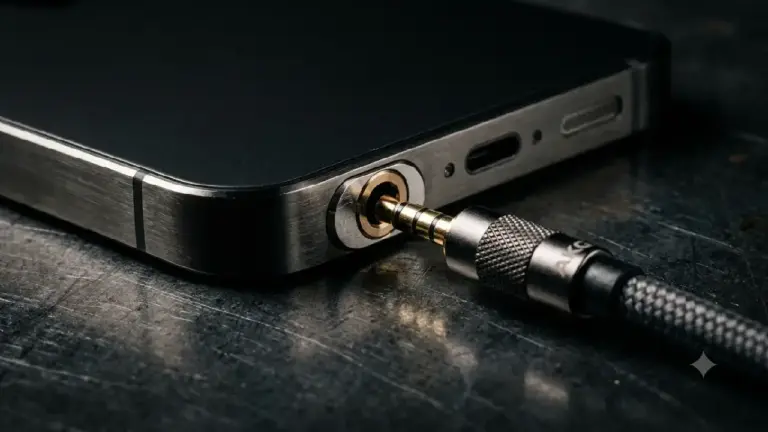 Nahaufnahme der Oberkante eines High-End-Smartphones, die einen perfekt gefertigten 3,5-mm-Kopfhöreranschluss aus Metall mit eingestecktem Premium-Audiokabel hervorhebt