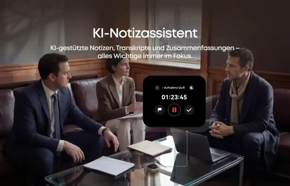3 Personen an einem Schreibtisch im Businessgespräch nutzen den KI-Notizassistent der Soundcore Liberty 5 Pro Max 3 Personen an einem Schreibtisch im Businessgespräch nutzen den KI-Notizassistent der Soundcore Liberty 5 Pro Max