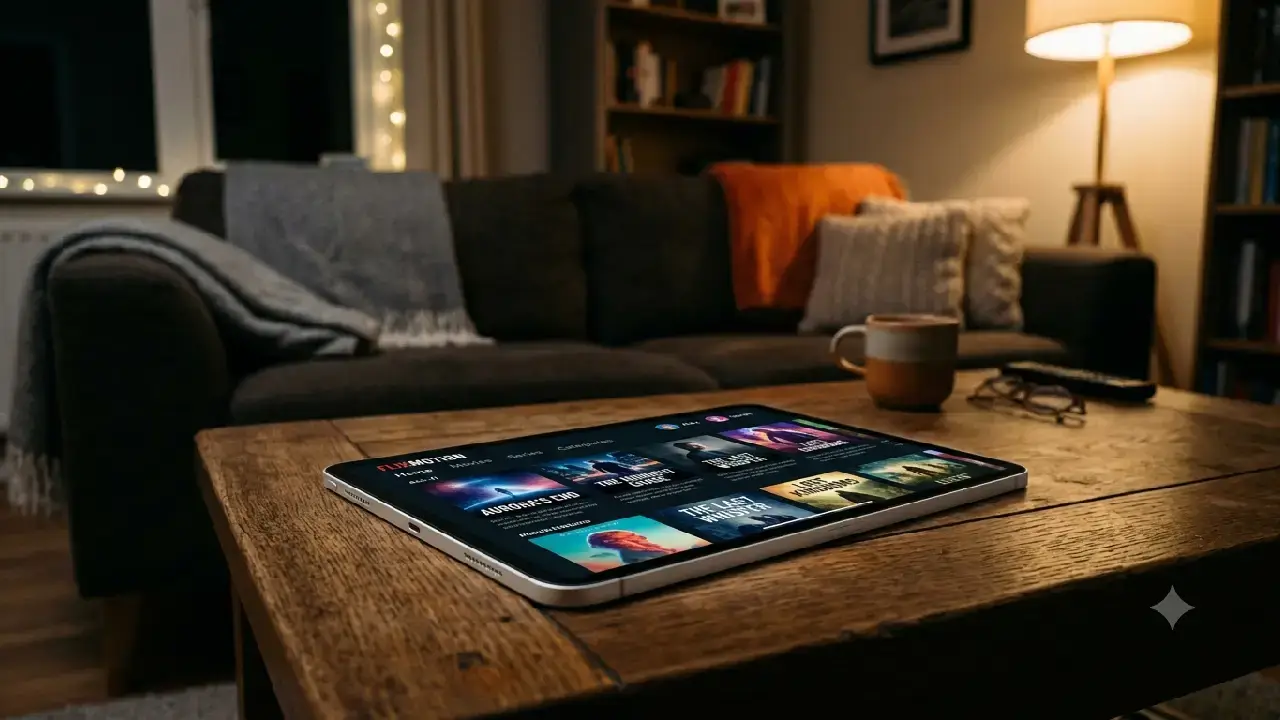 Ein schlankes, modernes Tablet liegt auf einem hölzernen Couchtisch in einem gemütlichen, schwach beleuchteten Raum; der leuchtende Bildschirm zeigt die bunte Benutzeroberfläche eines Streaming-Dienstes