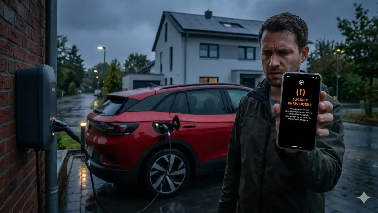Ein genervter Mann steht im Regen neben seinem roten VW ID.4, der an einer Wallbox lädt, und zeigt sein Smartphone mit der Fehlermeldung "Zugriff verweigert" der VW App. Im Hintergrund ein Haus mit Solarzellen