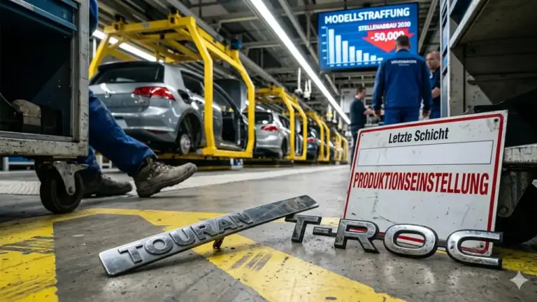 Ausgemusterte VW-Modellschriftzüge von Touran und T-Roc liegen auf dem Hallenboden einer Volkswagen-Fabrik neben einem Schild zur Produktionseinstellung. Im Hintergrund symbolisiert eine Anzeige den drastischen Stellenabbau bis 2030