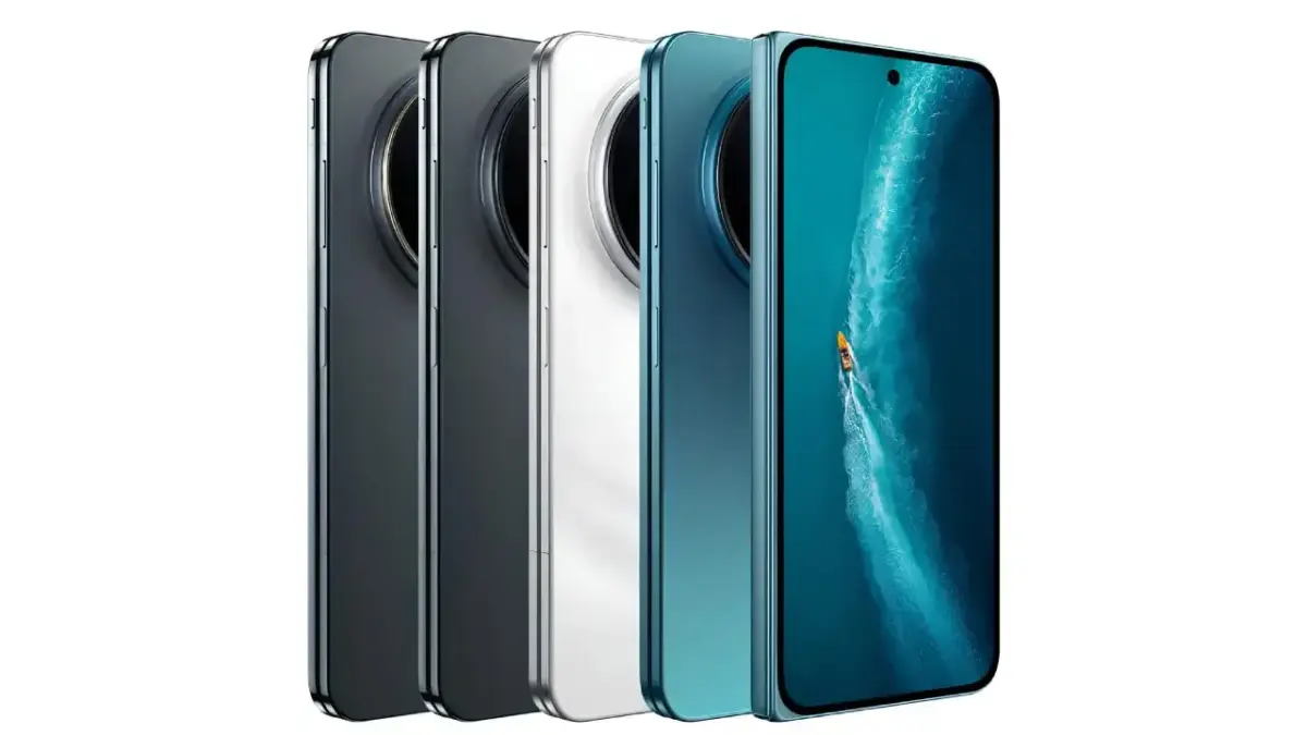 Die verfügbaren Farbvarianten des neuen vivo X Fold6 Foldable-Smartphones: Von links nach rechts sind die Geräte in Schwarz, Anthrazit, Weiß und Türkisblau aufgereiht, wobei das türkise Modell das hochwertige Display mit modernem Hintergrundbild zeigt Die verfügbaren Farbvarianten des neuen vivo X Fold6 Foldable-Smartphones: Von links nach rechts sind die Geräte in Schwarz, Anthrazit, Weiß und Türkisblau aufgereiht, wobei das türkise Modell das hochwertige Display mit modernem Hintergrundbild zeigt