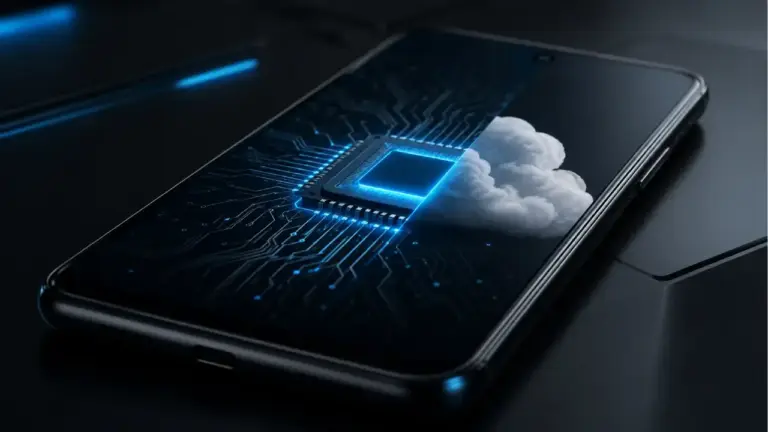 Nahaufnahme eines modernen Android-Smartphones mit einem leuchtenden Mikrochip auf dem Bildschirm und einem halben Cloud-Symbol