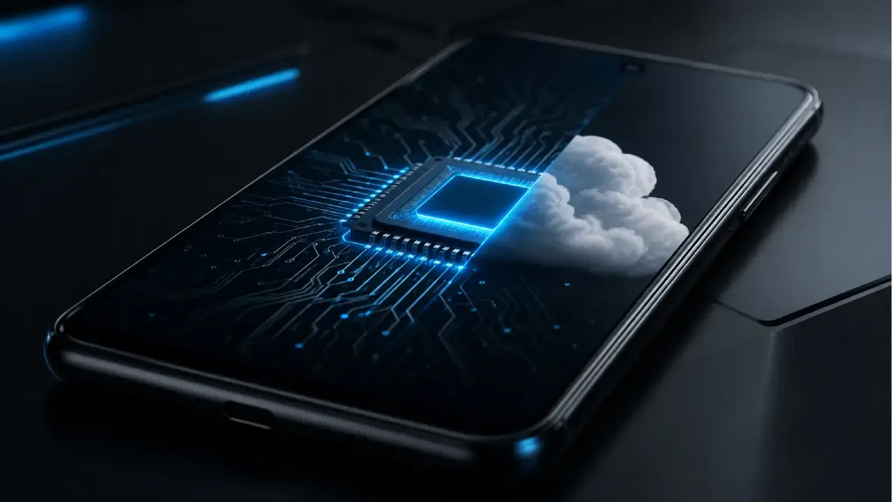 Nahaufnahme eines modernen Android-Smartphones mit einem leuchtenden Mikrochip auf dem Bildschirm und einem halben Cloud-Symbol