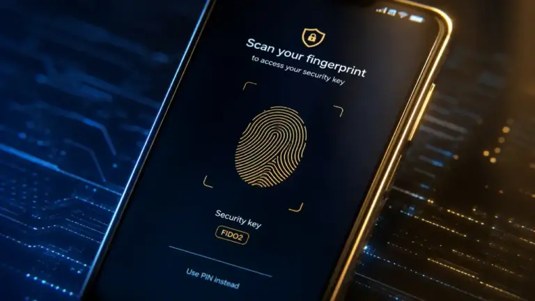 Nahaufnahme des Bildschirms eines modernen Android-Smartphones, das eine Aufforderung zur biometrischen Fingerabdruck-Erkennung für einen digitalen Sicherheitsschlüssel anzeigt