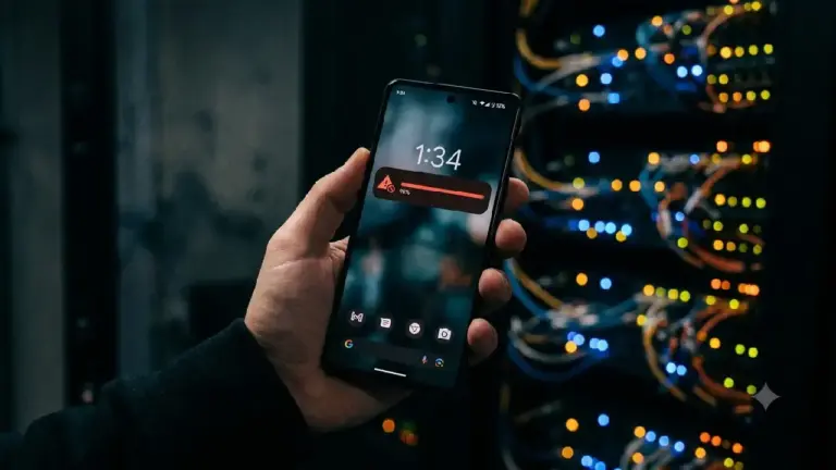 Ein modernes Smartphone mit einem Benachrichtigungssymbol für niedrigen Speicherplatz zeigt. Im Hintergrund ein dunkler Raum mit atmosphärischer Beleuchtung und den Lichtern von Server-Racks, die in Blau- und Bernsteintönen leuchten