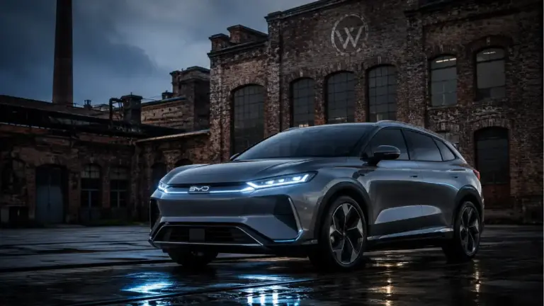 Ein elegantes, modernes Elektro-SUV von BYD ist vor einer alten, leicht verwitterten europäischen Autofabrik geparkt; im Hintergrund ist ein mögliches VW-Logo zu sehen