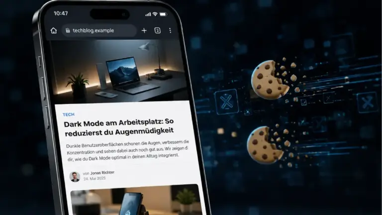 Nahaufnahme eines Smartphone-Bildschirms, der eine aufgeräumte, werbebannerfreie mobile Website in Google Chrome anzeigt. Im Hintergrund symbolisieren dunkle, stilisierte digitale Codestrukturen und verblassende Cookie-Symbole die technische Unterdrückung von Pop-ups