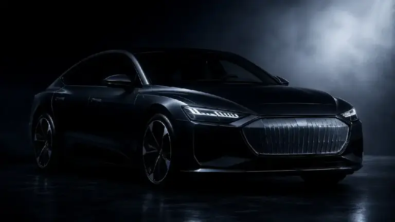 Die Silhouette einer eleganten elektrischen Audi-Limousine, die aus dem Schatten hervortritt; markantes Design mit vertikalem, geschlossenem Kühlergrill