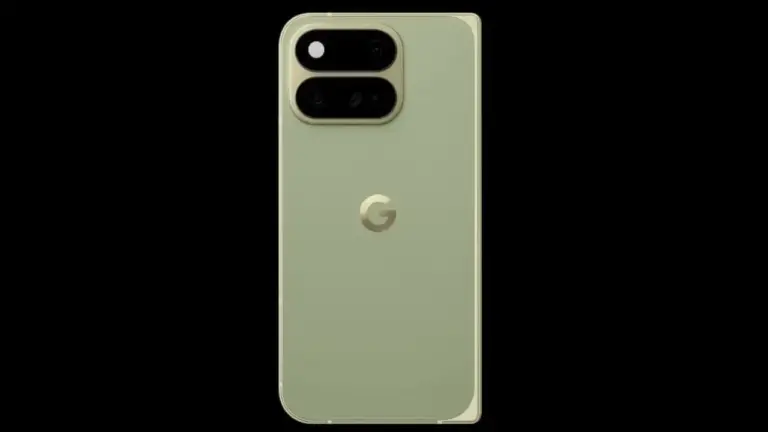Rückseite des kommenden Google Pixel 11 Pro Fold in der Farbe Pine mit neuem Kamera-Modul