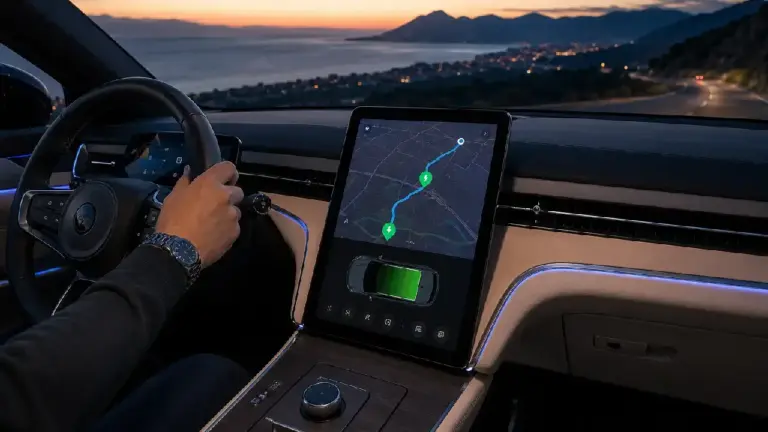 Innenraum eines modernen Premium-Elektroautos. Die große Touchscreen-Konsole in der Mitte zeigt eine elegante Android-Automotive-Benutzeroberfläche mit Google Maps und einer aktiven Routenführung zu einer Ladestation für Elektrofahrzeuge
