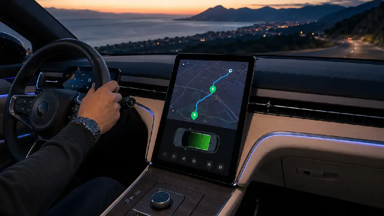 Innenraum eines modernen Premium-Elektroautos. Die große Touchscreen-Konsole in der Mitte zeigt eine elegante Android-Automotive-Benutzeroberfläche mit Google Maps und einer aktiven Routenführung zu einer Ladestation für Elektrofahrzeuge